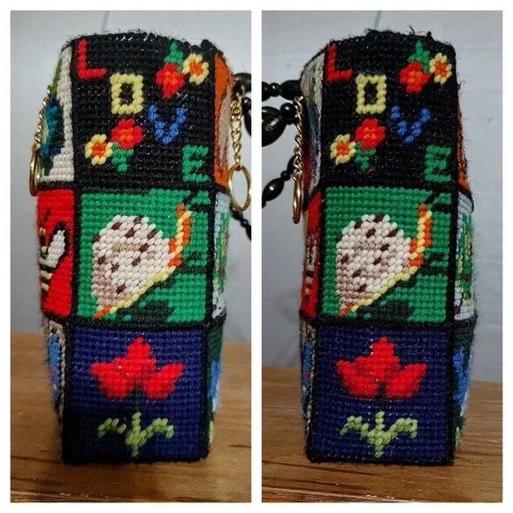 Vintage 70’s Grannycore Needlepoint Handbag with Black Beaded Handles - Picture 4 of 9